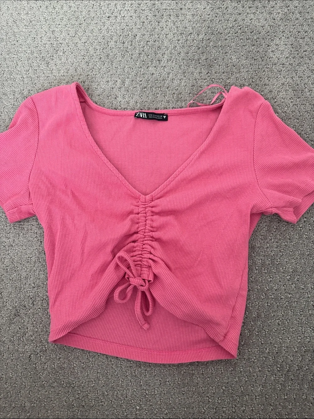 ZARA Pink Ruched V-Neck Ribbed Drawstring Crop Top - Picture 1 of 1